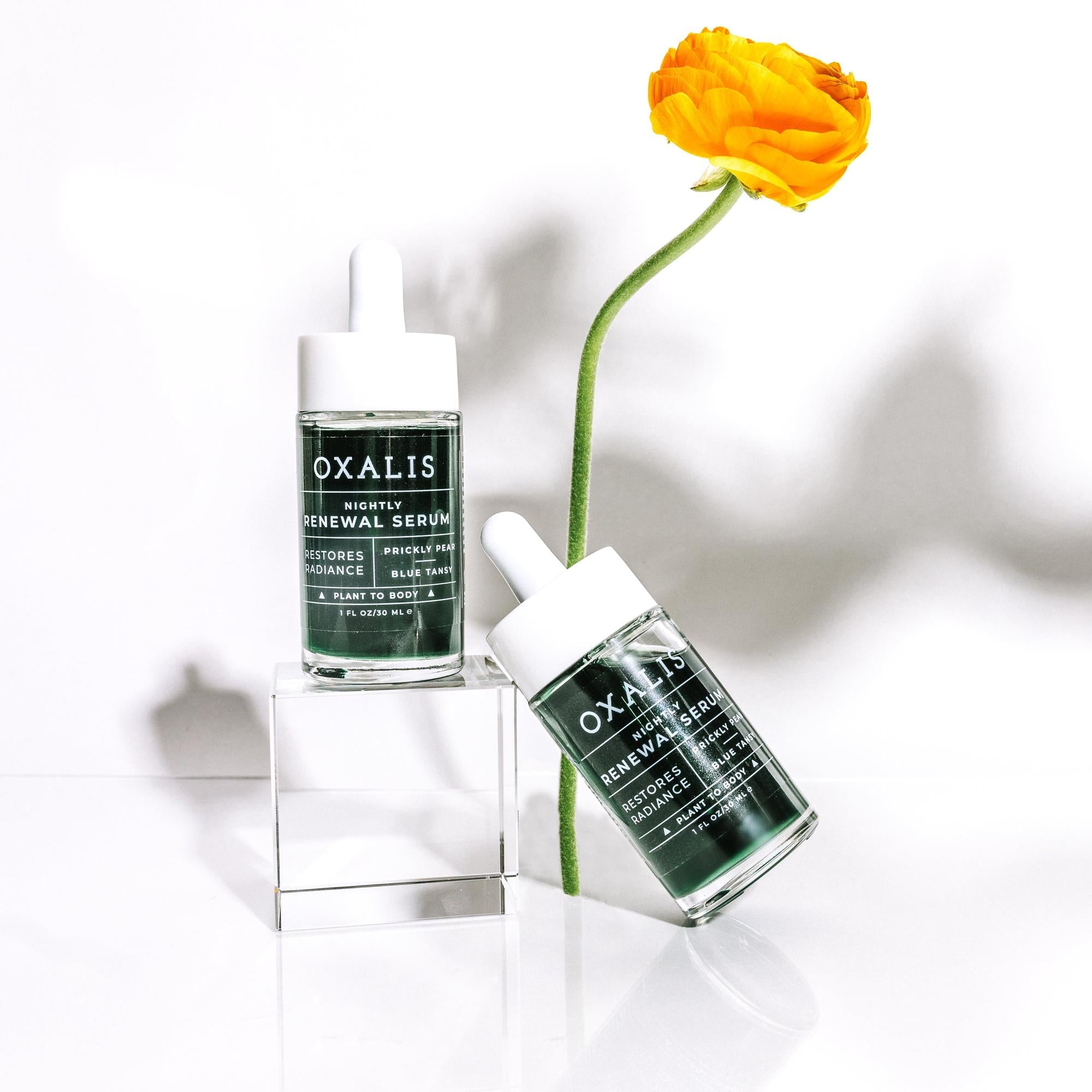Two bottles of Oxalis Apothecary Nightly Renewal Serum, one standing on a clear glass block and one leaning, displayed with a vibrant yellow ranunculus flower on a clean white backgroun