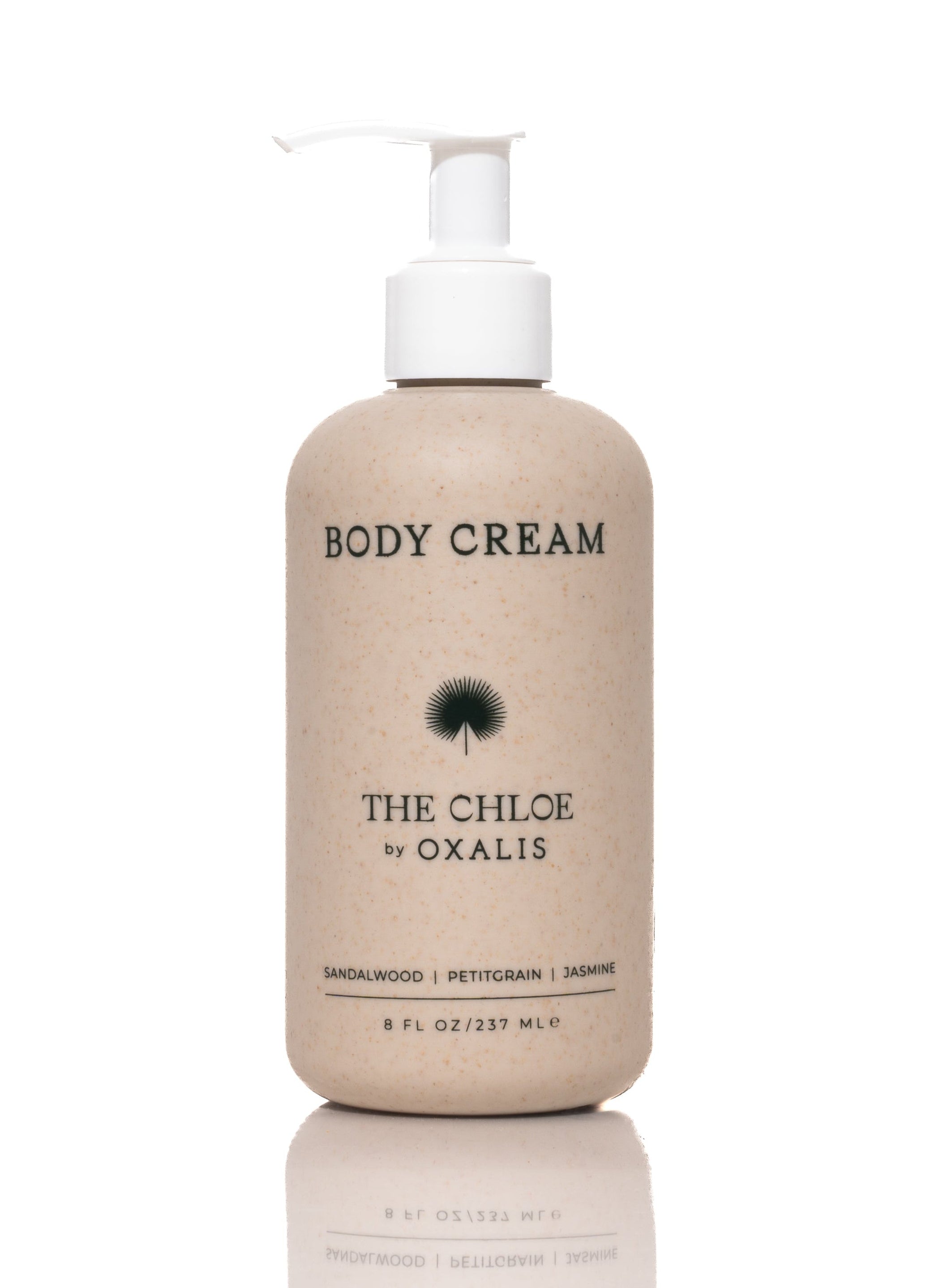 Body cream bottle labeled 'The Chloe by Oxalis' on a white background