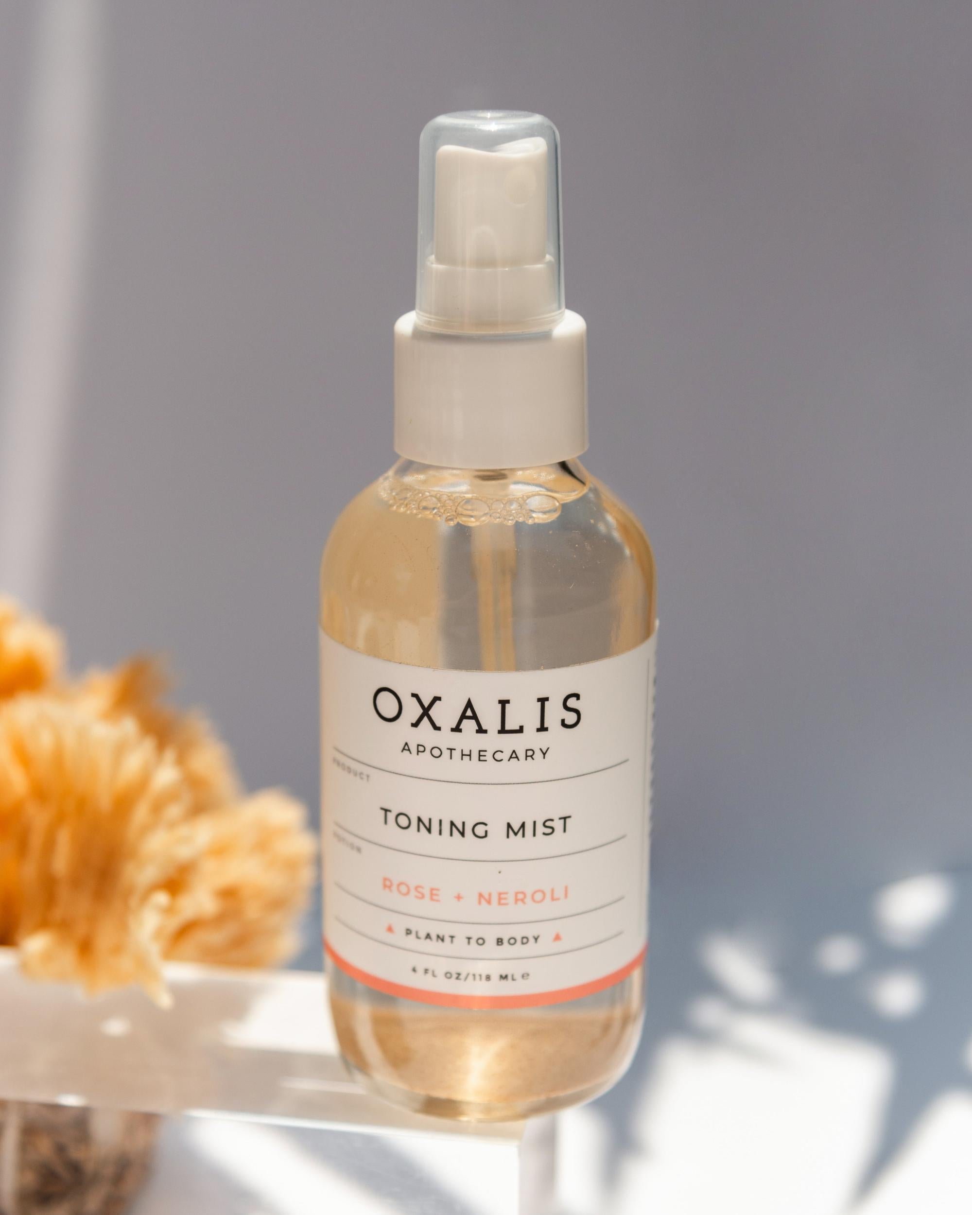 Oxalis Apothecary Rose + Neroli Toning Mist bottle for a refreshing and hydrating botanical facial treatment.